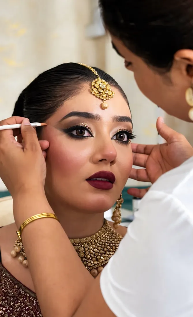 Makeup artist applying bridal makeup